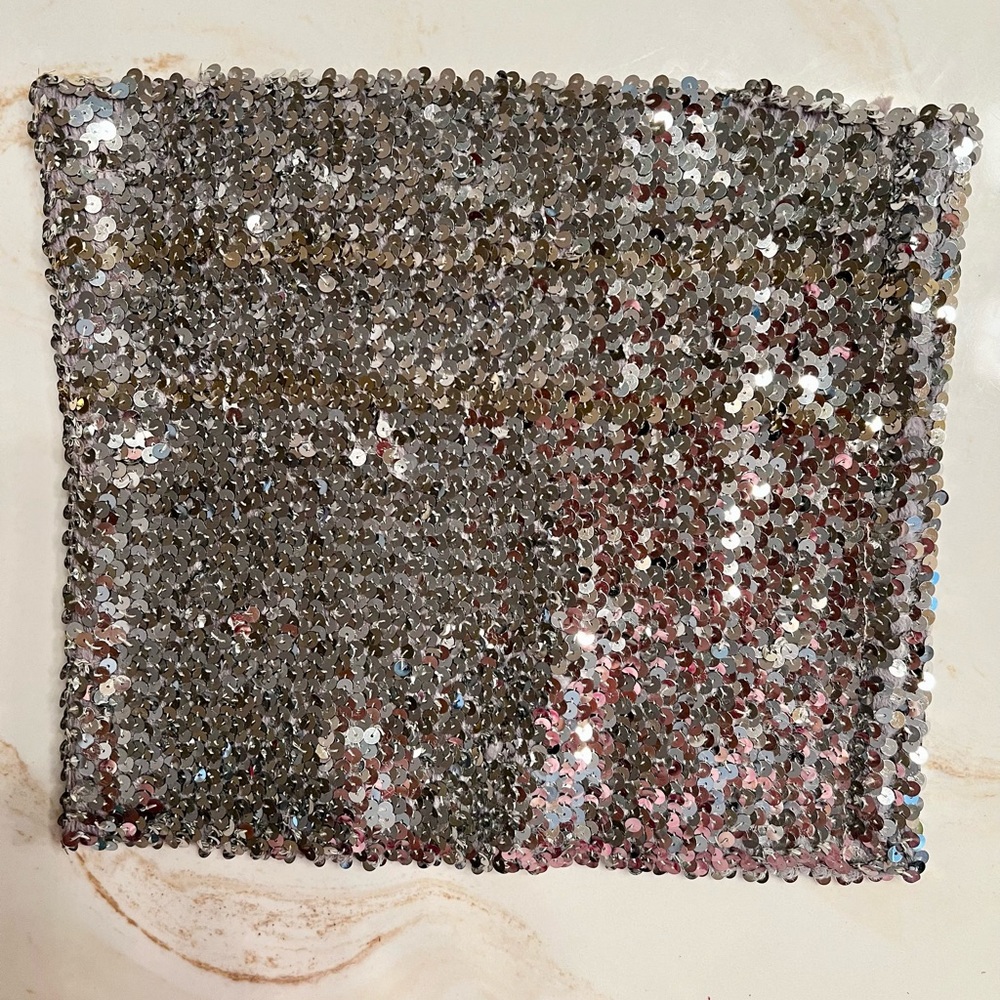 Tube Top/Crop Top, Metallic Silver Stretchy Retro Party Sequins Top.